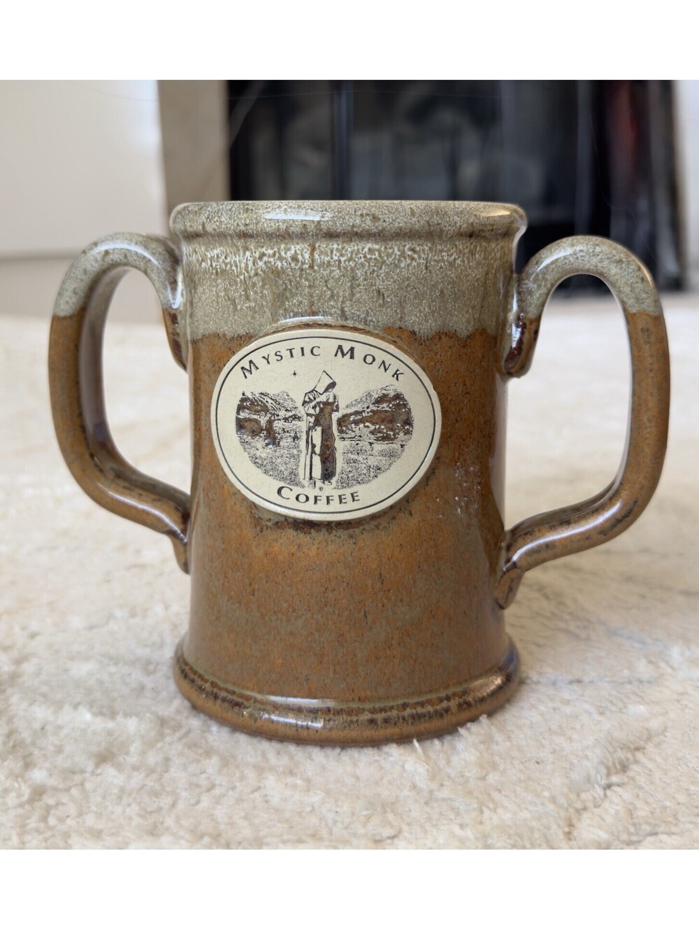 Sunset Hill Stoneware Mystic Monk Coffee Mug Cup 2 Handle Toffee Brown Drip USA